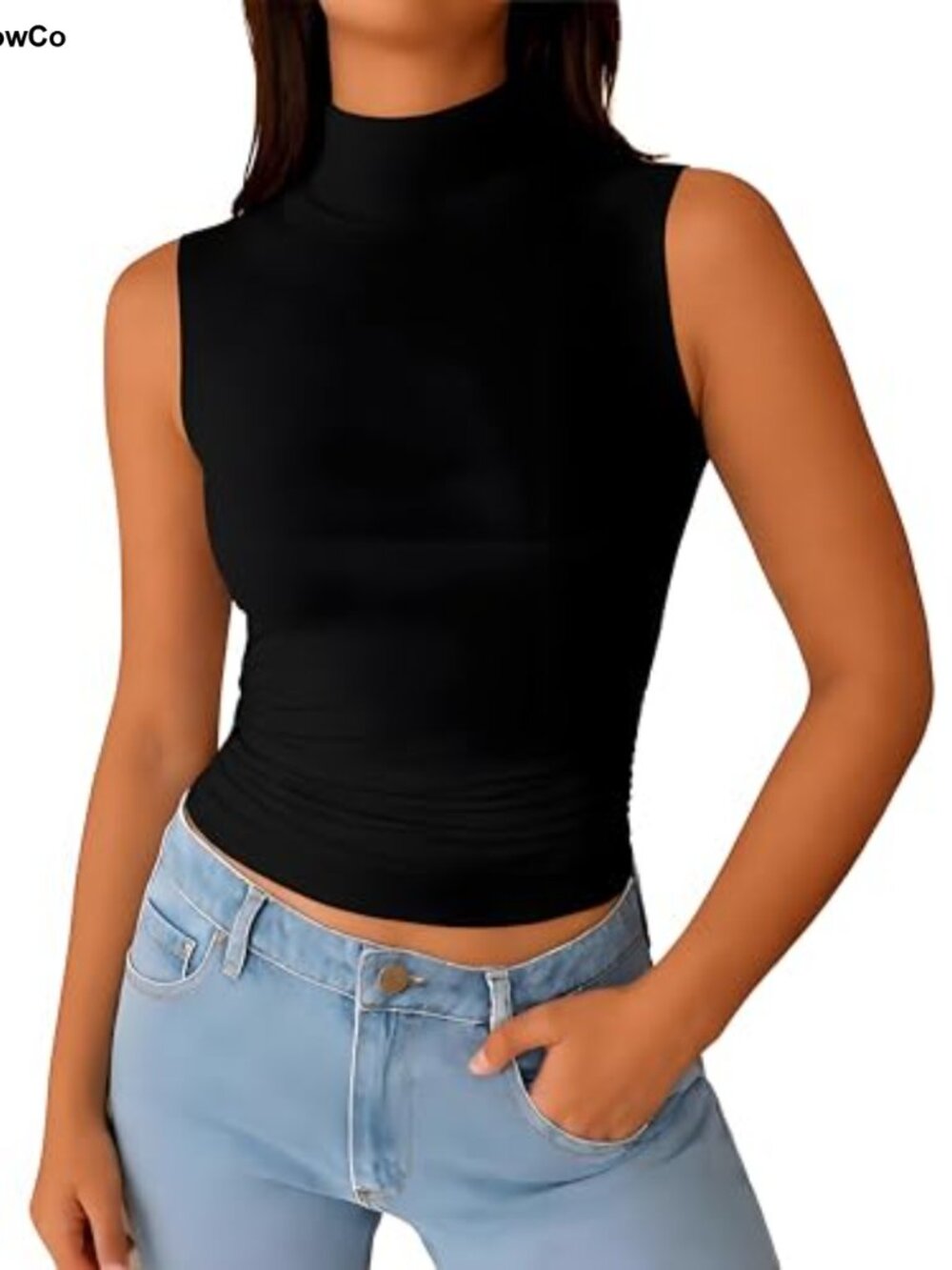 Mock Turtleneck Sleeveless Tank Top Double Lined Ruched Basic Tight Tee